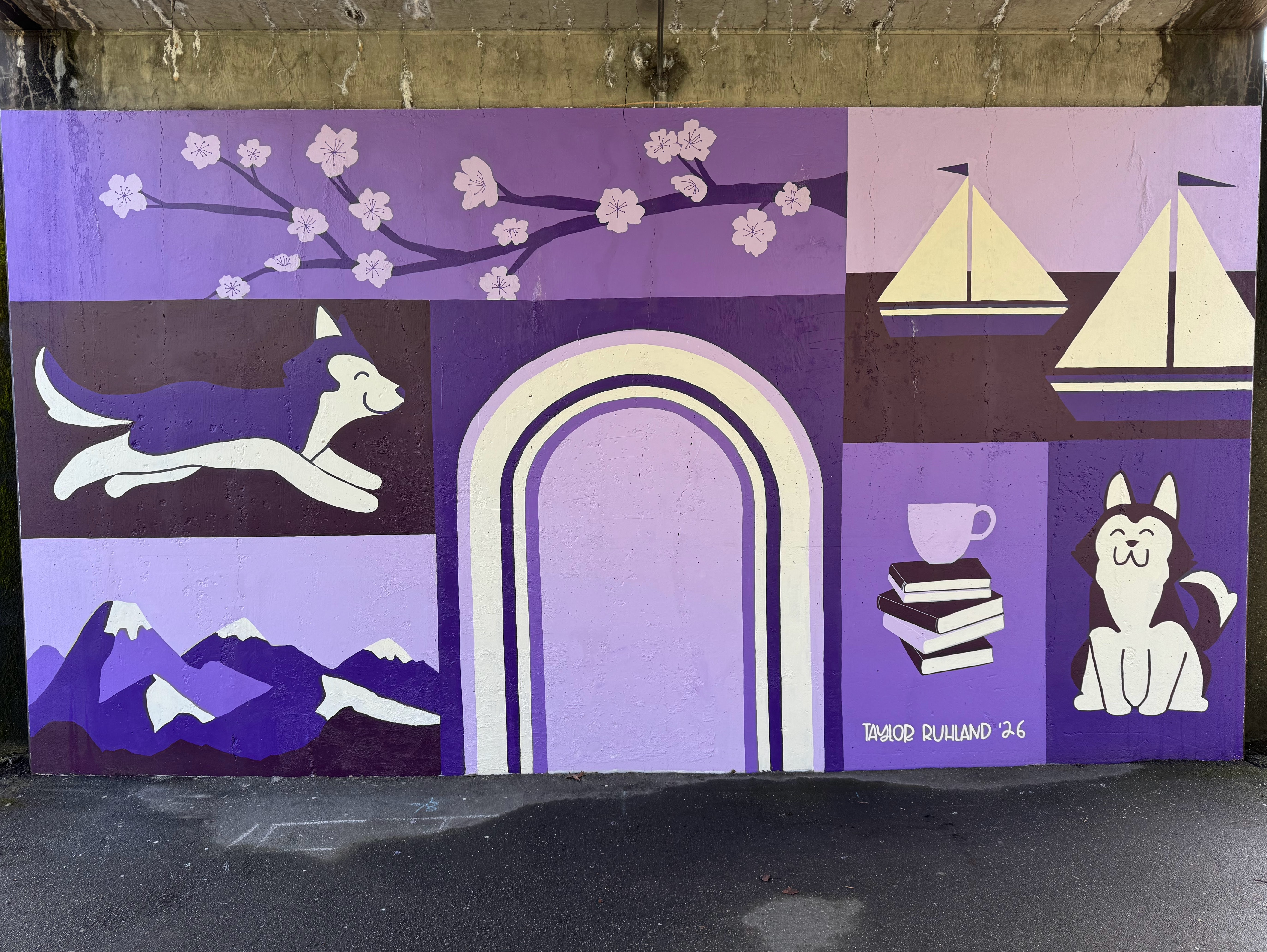 Purple Tide mural featuring huskies, cherry blossoms, sailboats, mountains, and an archway